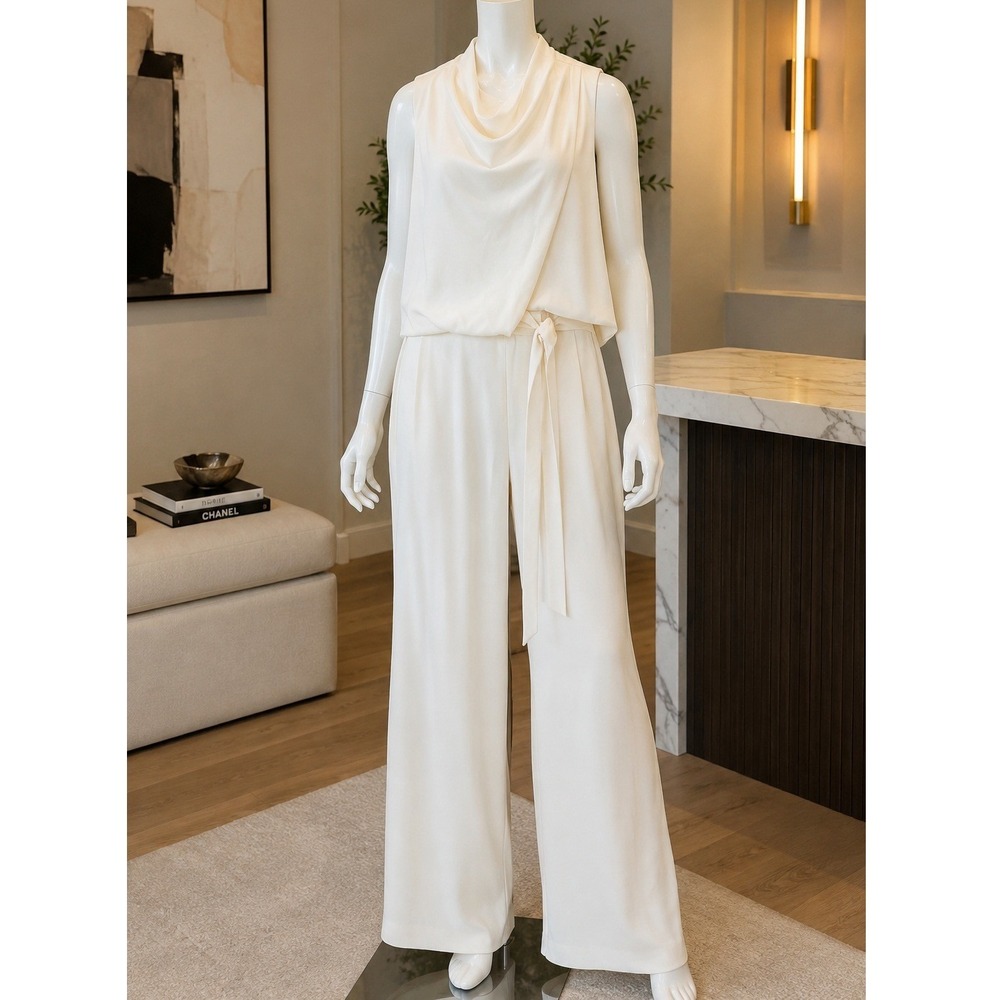 Halston Heritage Womens Jumpsuit Cream Draped Wide Leg Sleeveless 4